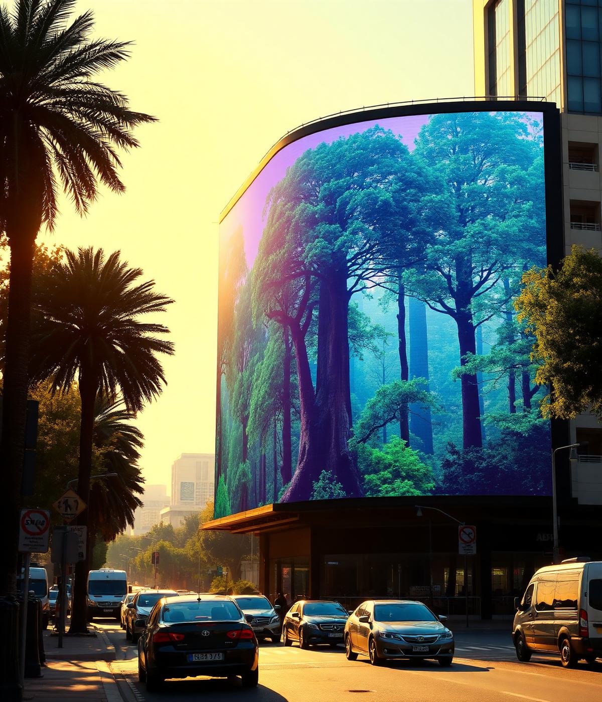 Massive curved LED billboard displaying vibrant visuals on a Johannesburg street